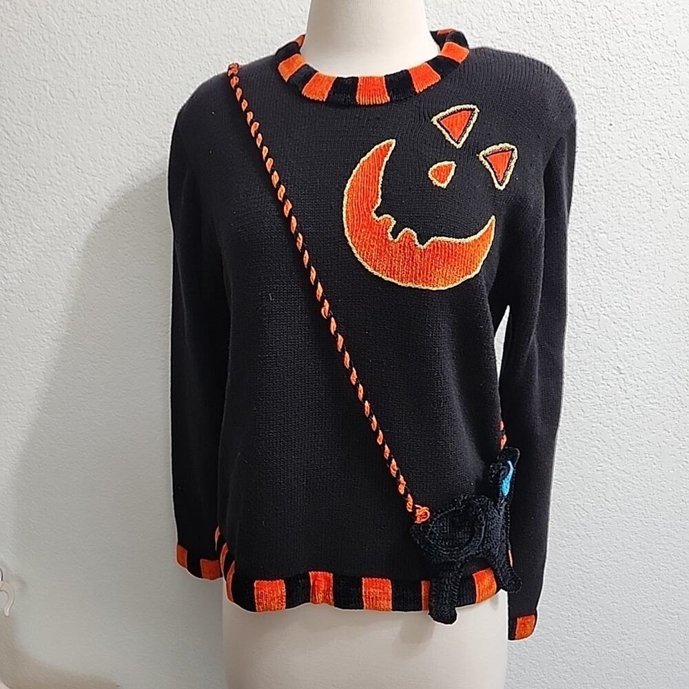 Jack B Quick PM Halloween Black Cat Sweater Pullover Attached Crossbody Purse